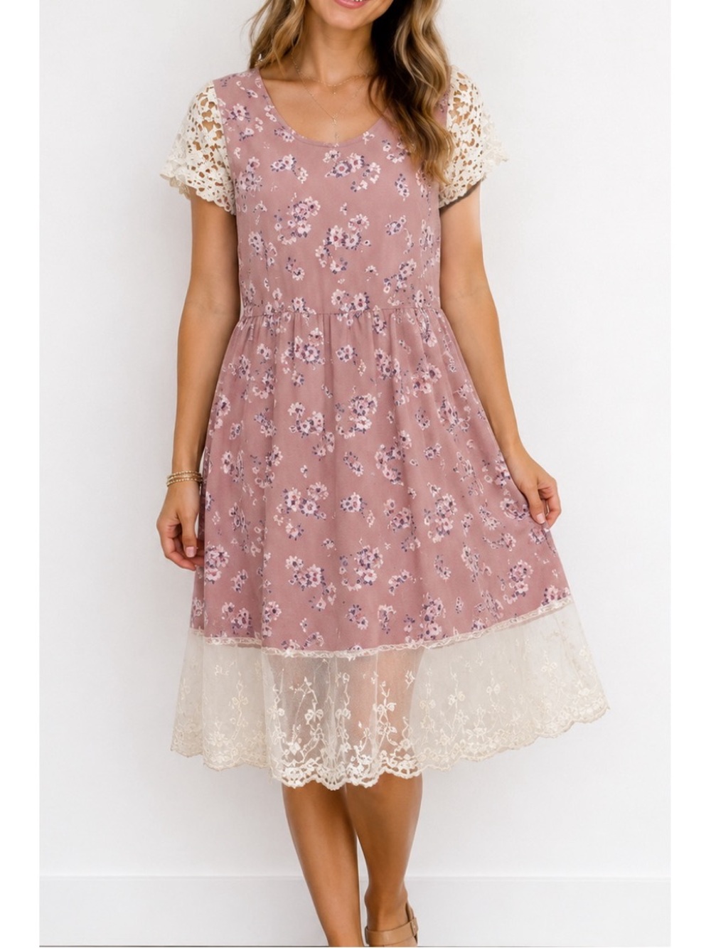 Tea n Rose LA short-sleeve floral midi dress featuring a pink floral pattern
